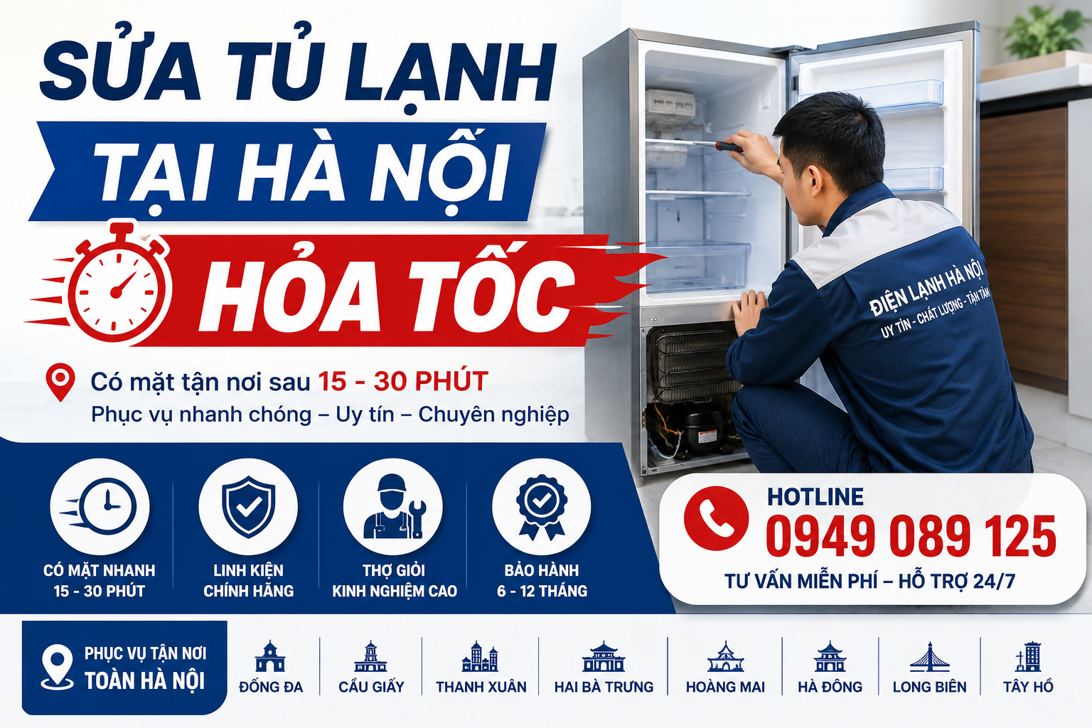 Sửa Tủ Lạnh Tại Hà Nội Hỏa Tốc 2026 – Linh Kiện Chính Hãng, Bảo Hành Tới 12 Tháng